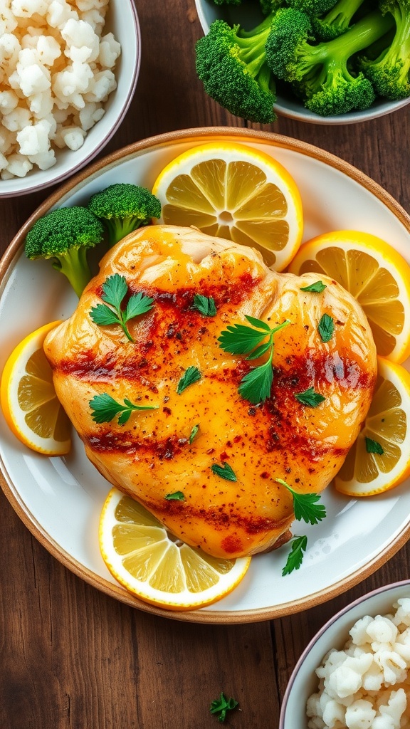 Golden brown lemon garlic chicken breast garnished with parsley and lemon wedges, served with broccoli and rice.